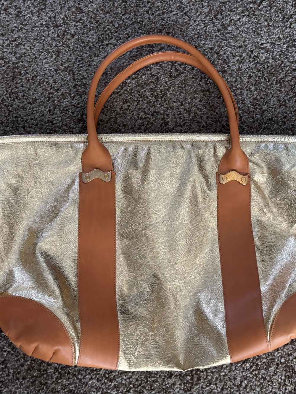 Metallic Tote with Brown Leather Trim